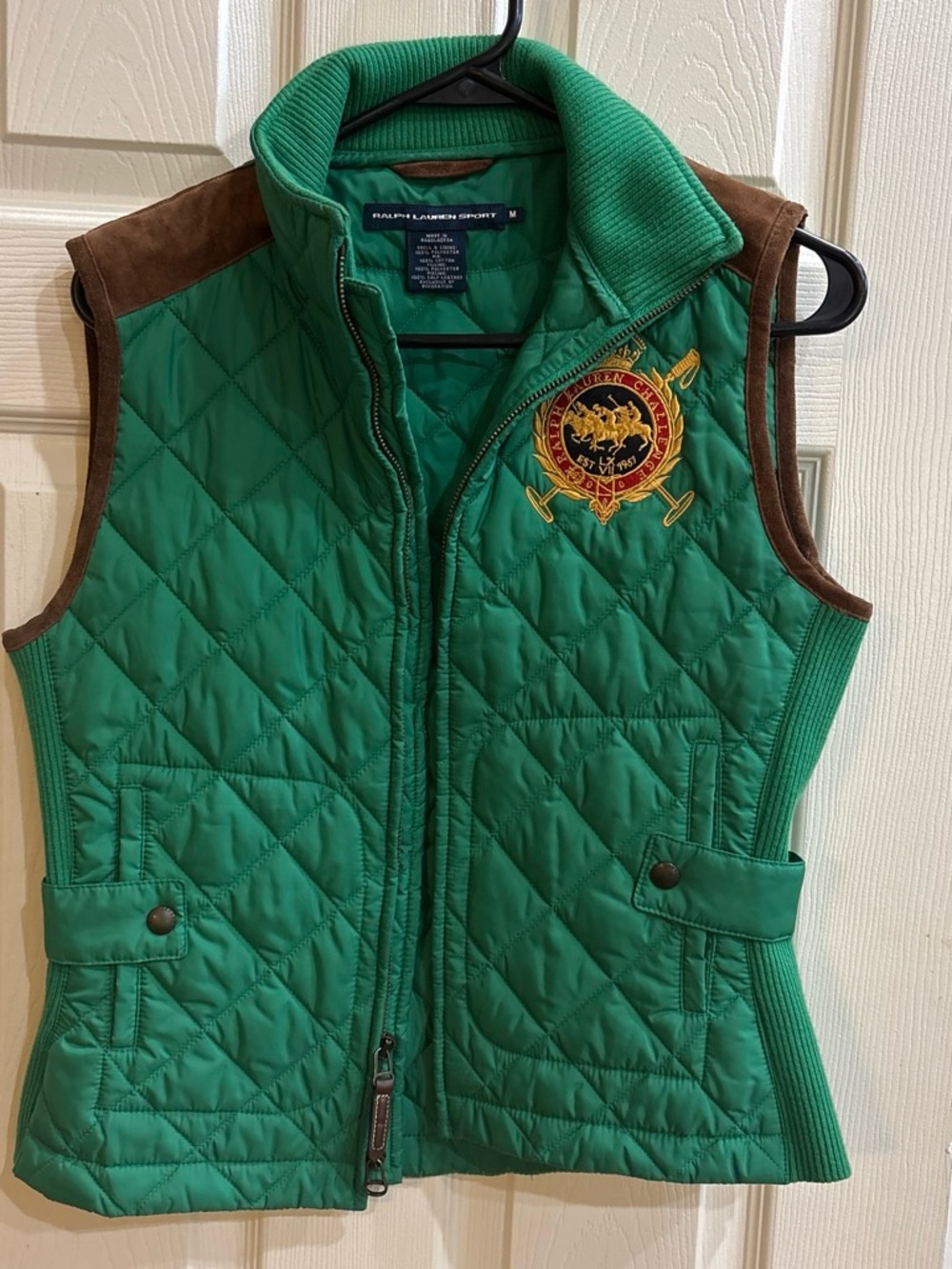 Ralph Lauren Quilted Crest Vest in Green with Brown leather Trim